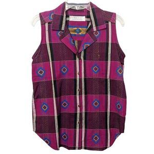 Women's VTG Karen Scott II Multicolor Aztec Tribal Top Size 8 Cotton Button BOHO